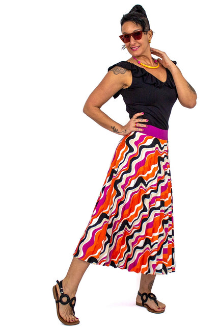 Lalipop Design | Half-Circle Pleated Midi Skirt with colorful wavy print