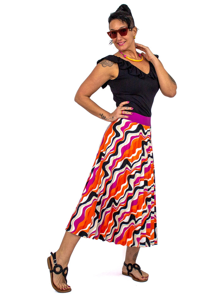 Lalipop Design | Half-Circle Pleated Midi Skirt with colorful wavy print