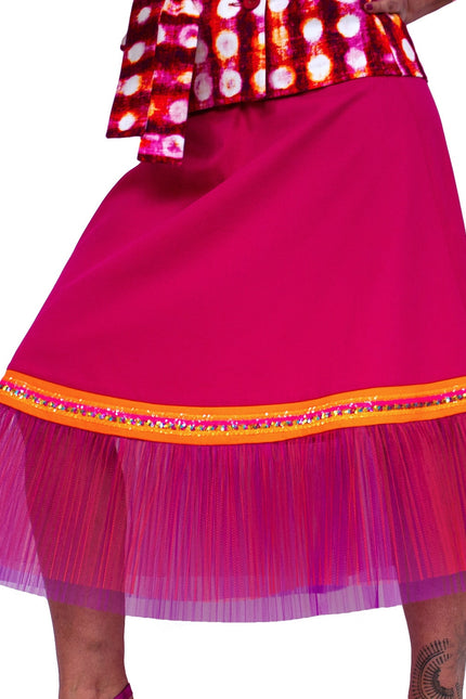 Lalipop Design | Fuchsia Midi Skirt with Double Layer Pleated Tulle Detail