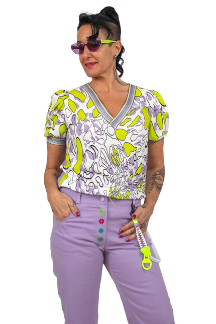 Lalipop Design | Puff Sleeves V-Neck Blouse With Abstract Printed Front