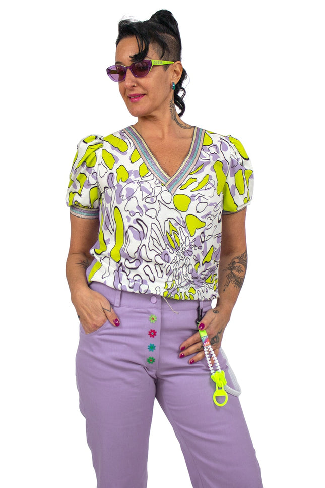 Lalipop Design | Puff Sleeves V-Neck Blouse With Abstract Printed Front