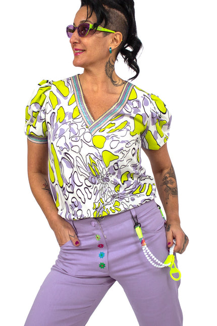 Lalipop Design | Puff Sleeves V-Neck Blouse With Abstract Printed Front