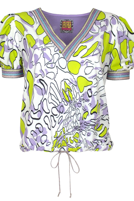 Lalipop Design | Puff Sleeves V-Neck Blouse With Abstract Printed Front