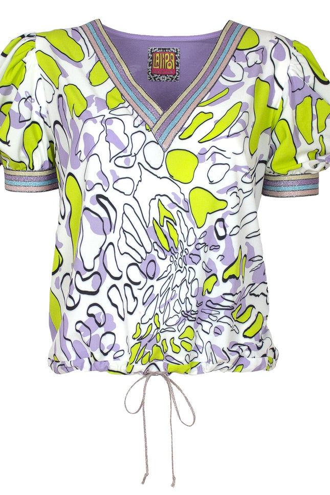 Lalipop Design | Puff Sleeves V-Neck Blouse With Abstract Printed Front