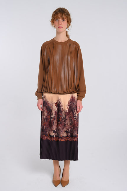 Lalipop Design | All-Over Graphic Design Pleated Midi Skirt With Vegan Leather Detailing