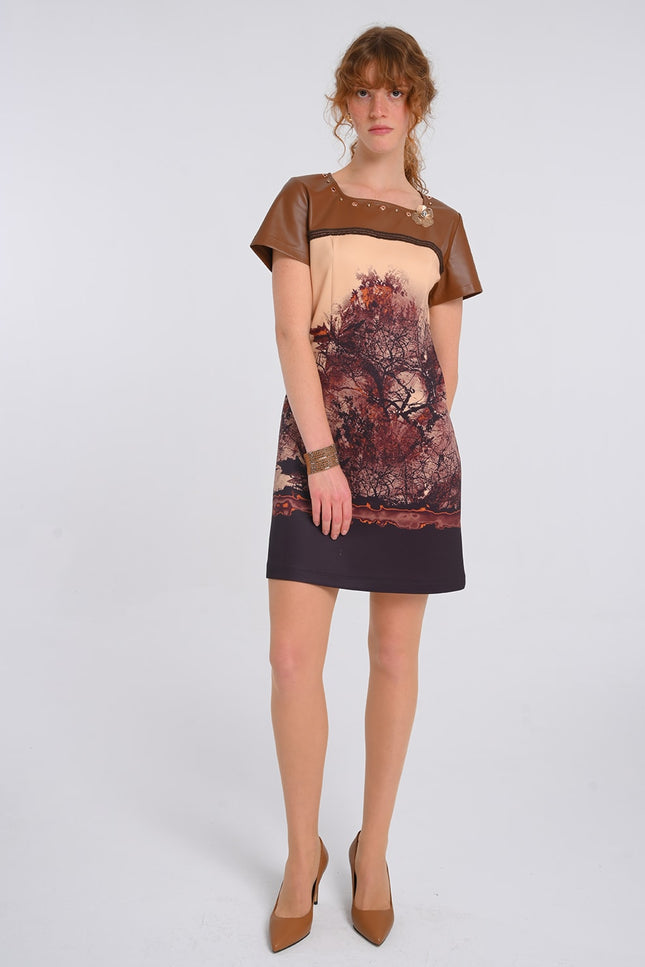Lalipop Design | All-Over Graphic Print Mini Dress Panelled with Vegan Leather