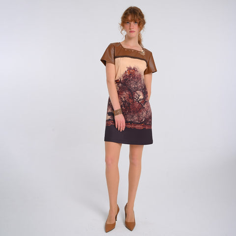 Lalipop Design | All-Over Graphic Print Mini Dress Panelled with Vegan Leather