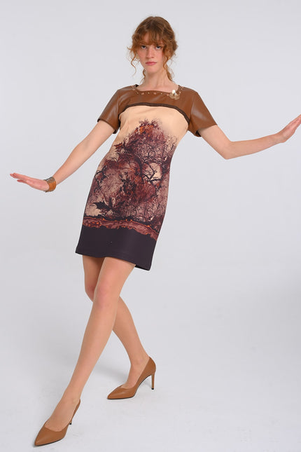 Lalipop Design | All-Over Graphic Print Mini Dress Panelled with Vegan Leather