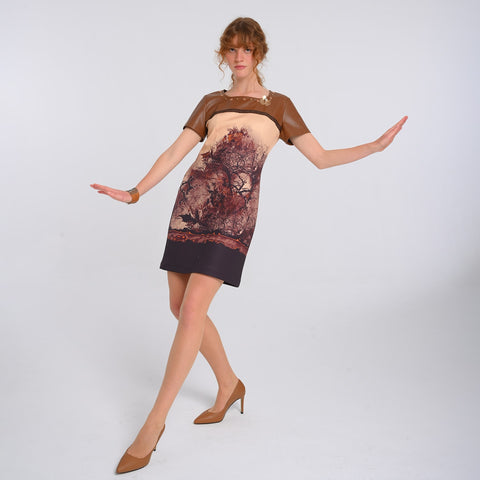 Lalipop Design | All-Over Graphic Print Mini Dress Panelled with Vegan Leather