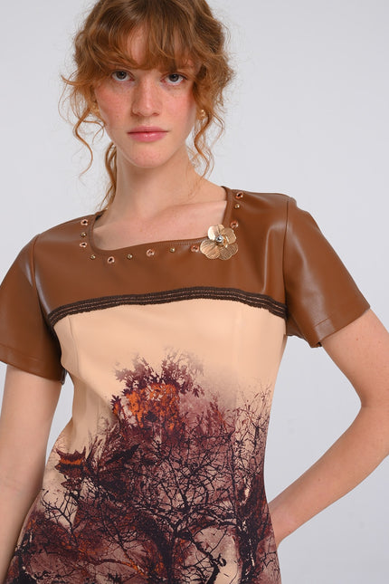 Lalipop Design | All-Over Graphic Print Mini Dress Panelled with Vegan Leather