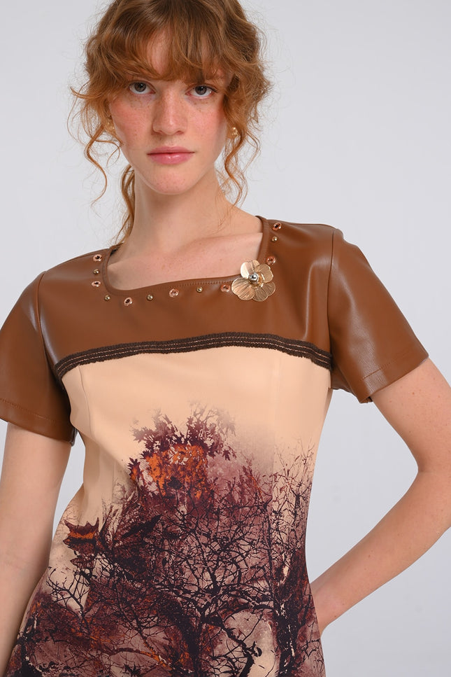 Lalipop Design | All-Over Graphic Print Mini Dress Panelled with Vegan Leather