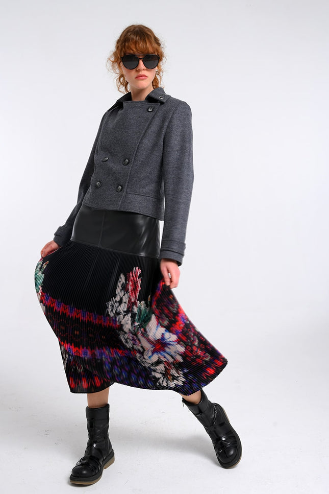 Lalipop Design | Medium Grey Wool Blend Colorful Eyelet Short Coat