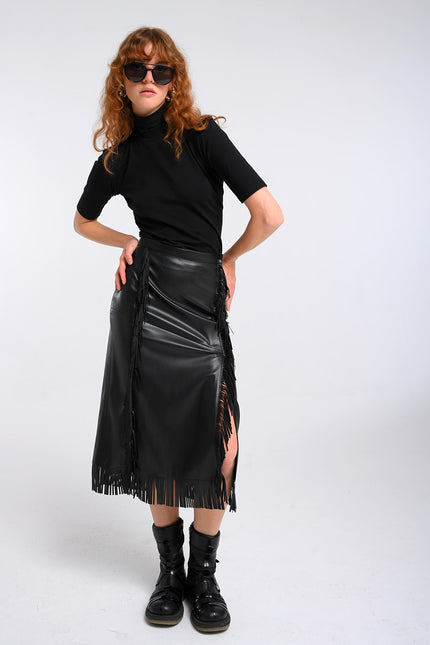 Lalipop Design | Black Vegan Leather Fringe Midi Skirt