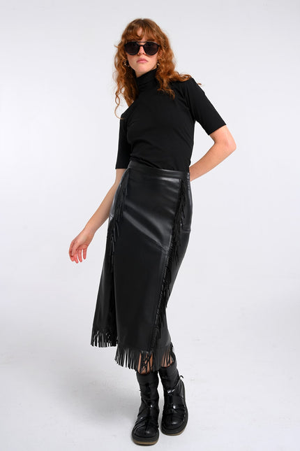 Lalipop Design | Black Vegan Leather Fringe Midi Skirt