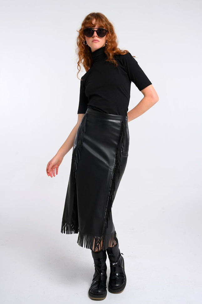 Lalipop Design | Black Vegan Leather Fringe Midi Skirt
