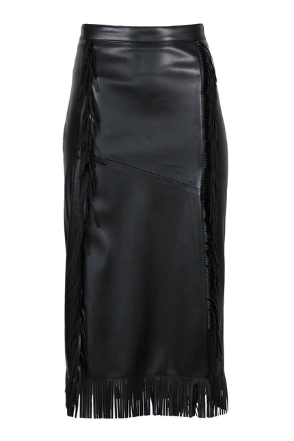 Lalipop Design | Black Vegan Leather Fringe Midi Skirt