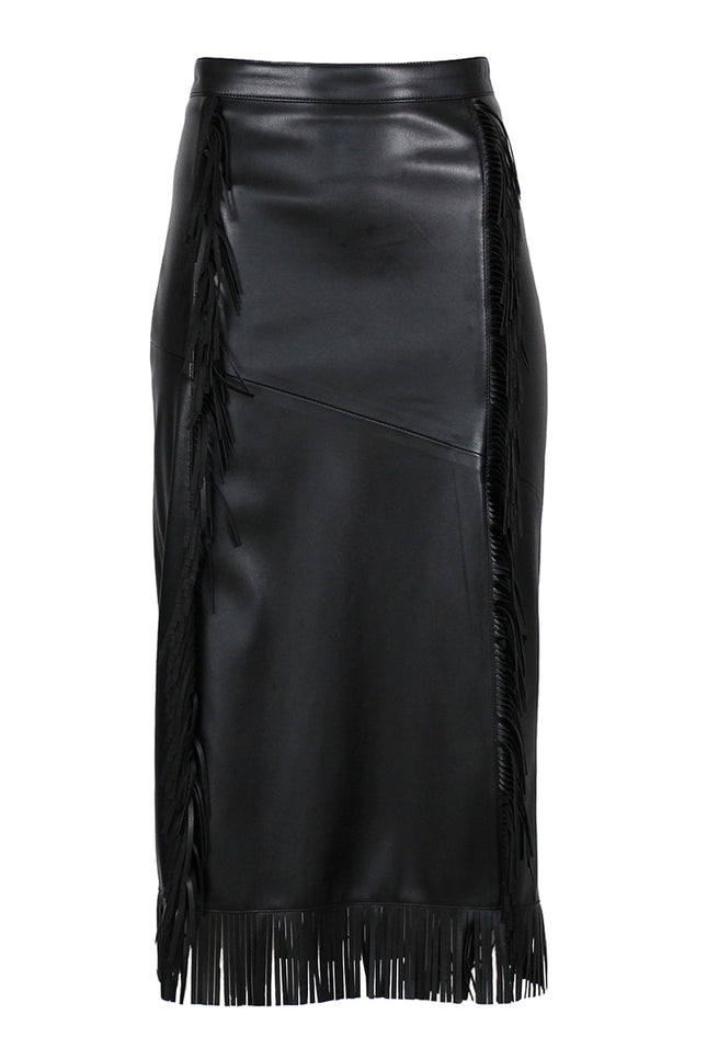 Lalipop Design | Black Vegan Leather Fringe Midi Skirt
