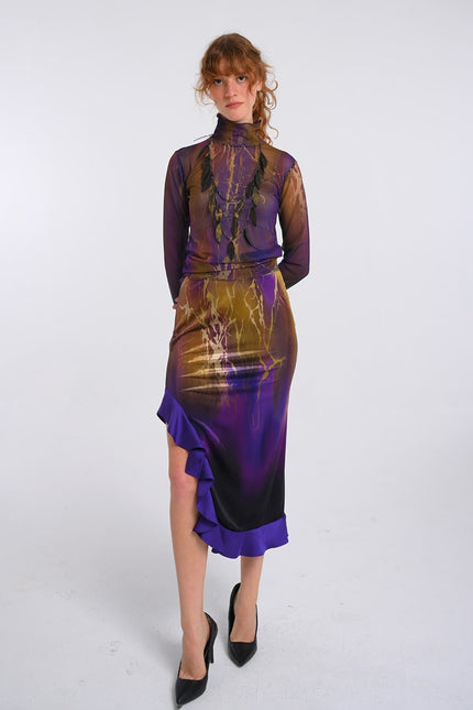Lalipop Design | Abstract Printed Velvet Midi Skirt with Side Slit