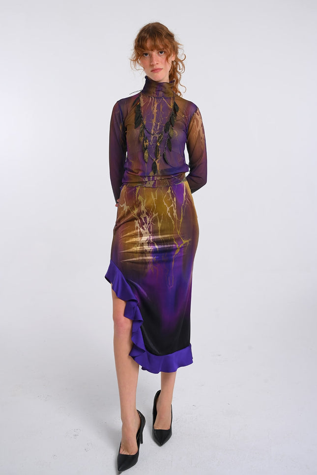 Lalipop Design | Abstract Printed Velvet Midi Skirt with Side Slit