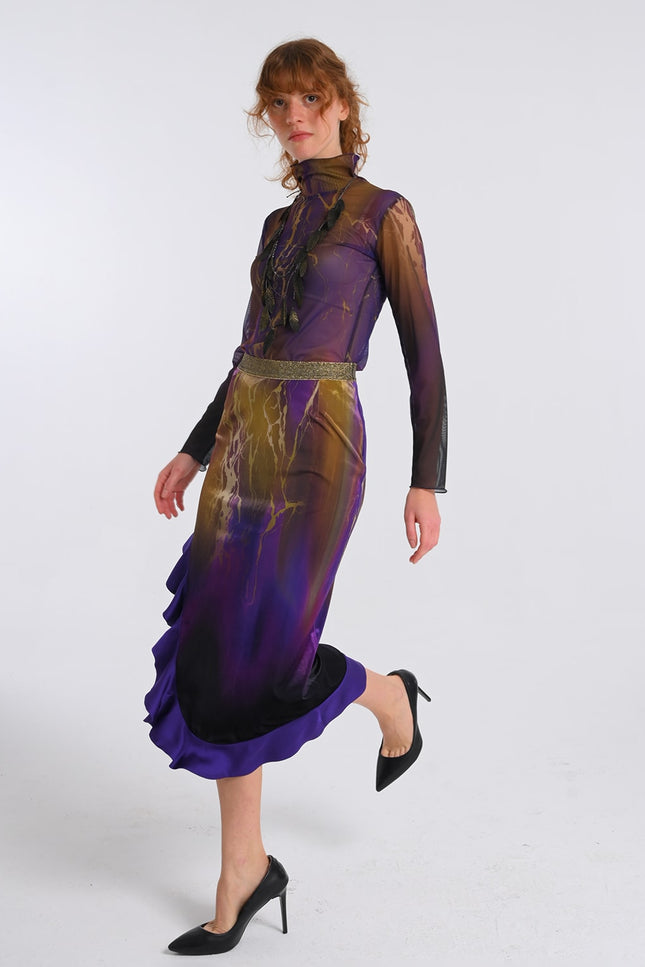 Lalipop Design | Abstract Printed Velvet Midi Skirt with Side Slit