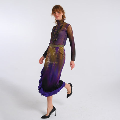 Lalipop Design | Abstract Printed Velvet Midi Skirt with Side Slit