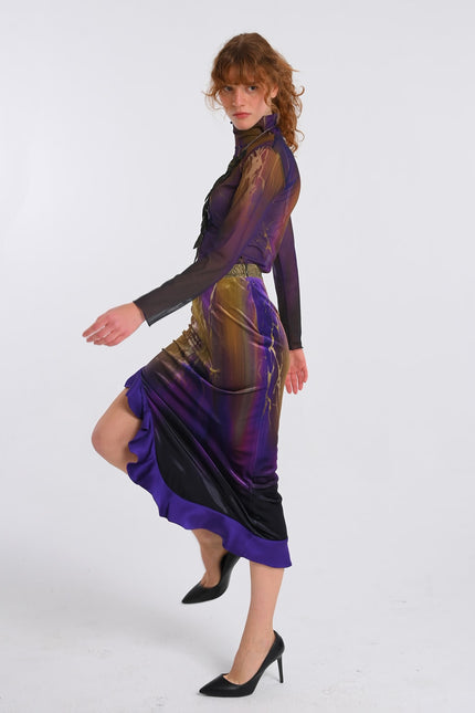 Lalipop Design | Abstract Printed Velvet Midi Skirt with Side Slit