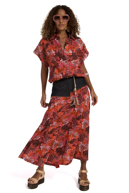 Lalipop Design | All-Over Floral Print Maxi Skirt with Asymmetric Black Denim Cut
