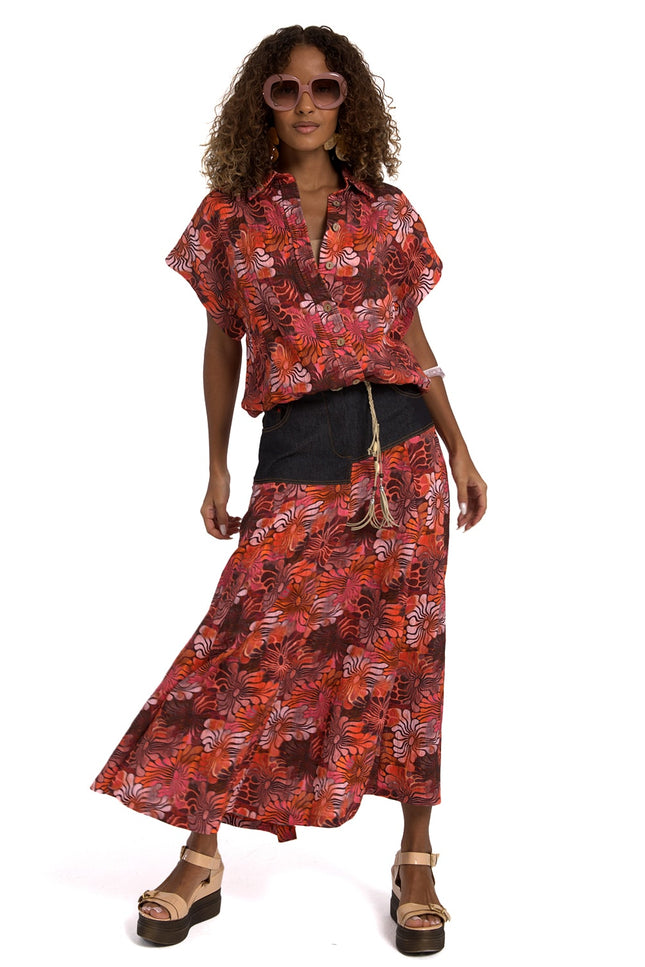 Lalipop Design | All-Over Floral Print Maxi Skirt with Asymmetric Black Denim Cut