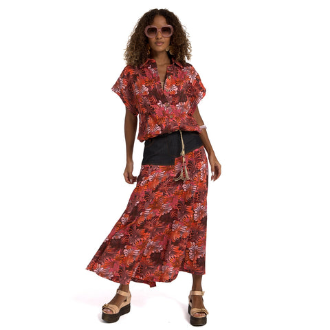 Lalipop Design | All-Over Floral Print Maxi Skirt with Asymmetric Black Denim Cut