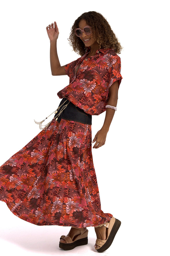 Lalipop Design | All-Over Floral Print Maxi Skirt with Asymmetric Black Denim Cut
