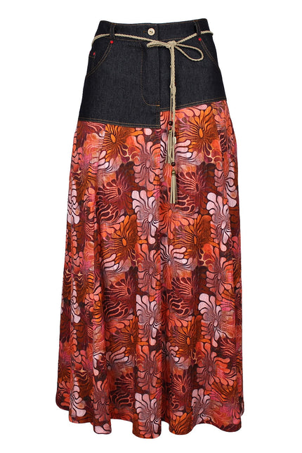 Lalipop Design | All-Over Floral Print Maxi Skirt with Asymmetric Black Denim Cut