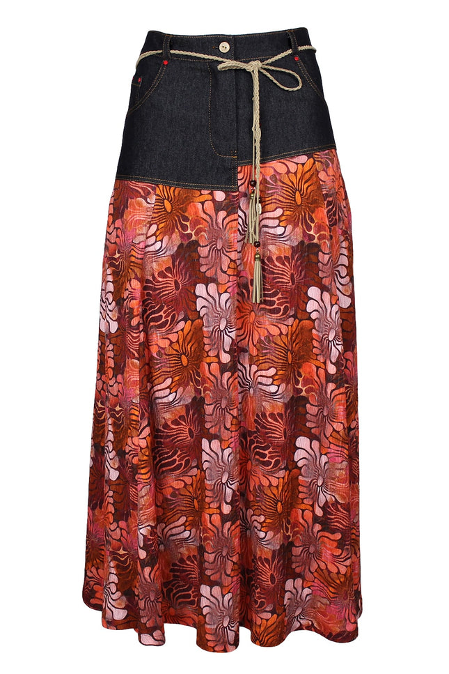 Lalipop Design | All-Over Floral Print Maxi Skirt with Asymmetric Black Denim Cut