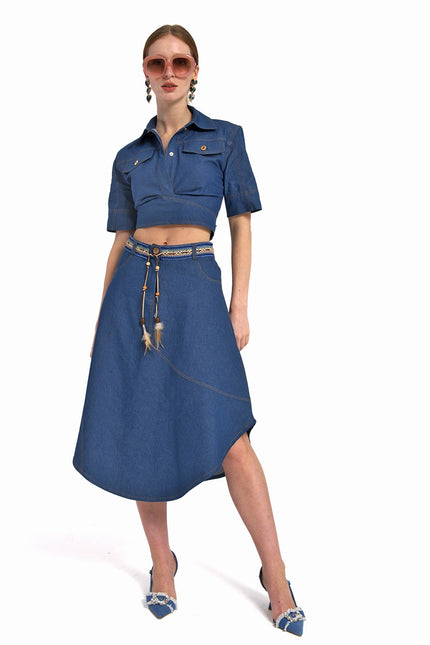Lalipop Design | Asymmetric Flared Denim Midi Skirt