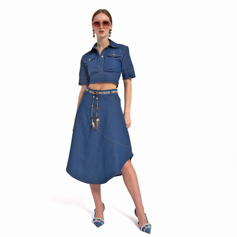 Lalipop Design | Asymetryczna rozkloszowana spódnica midi z jeansu