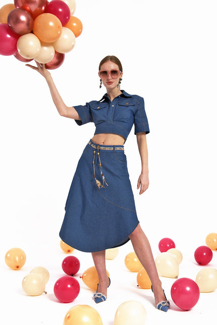 Lalipop Design | Asymmetric Flared Denim Midi Skirt