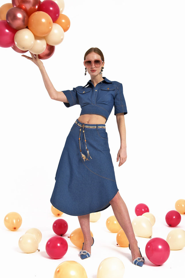 Lalipop Design | Asymmetric Flared Denim Midi Skirt