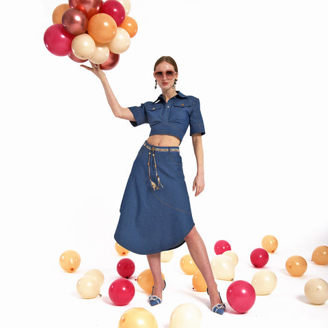 Lalipop Design | Asymetryczna rozkloszowana spódnica midi z jeansu