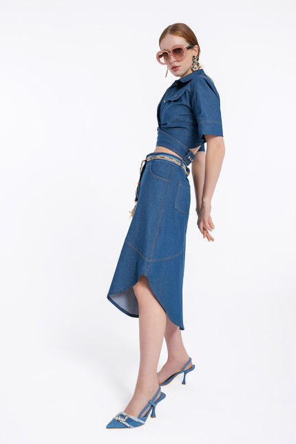 Lalipop Design | Asymmetric Flared Denim Midi Skirt