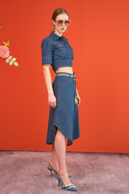 Lalipop Design | Asymmetric Flared Denim Midi Skirt