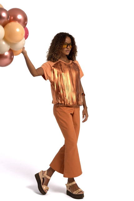 Lalipop Design | Salmon Color Blouse with Laser-Cut Vegan Leather Fringes