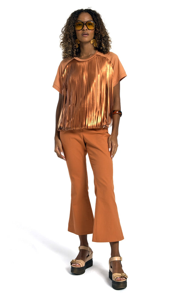 Lalipop Design | Salmon Color Blouse with Laser-Cut Vegan Leather Fringes