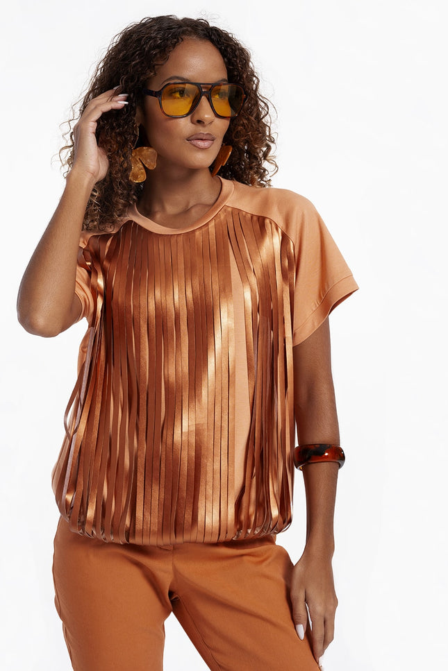 Lalipop Design | Salmon Color Blouse with Laser-Cut Vegan Leather Fringes