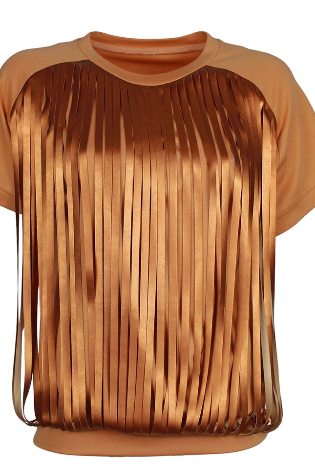 Lalipop Design | Salmon Color Blouse with Laser-Cut Vegan Leather Fringes