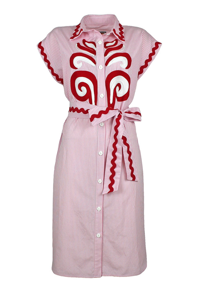 Lalipop Design | Pinstripe Cotton Shirt Midi Dress with Paisley Embroidery