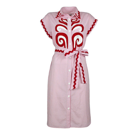 Lalipop Design | Pinstripe Cotton Shirt Midi Dress with Paisley Embroidery