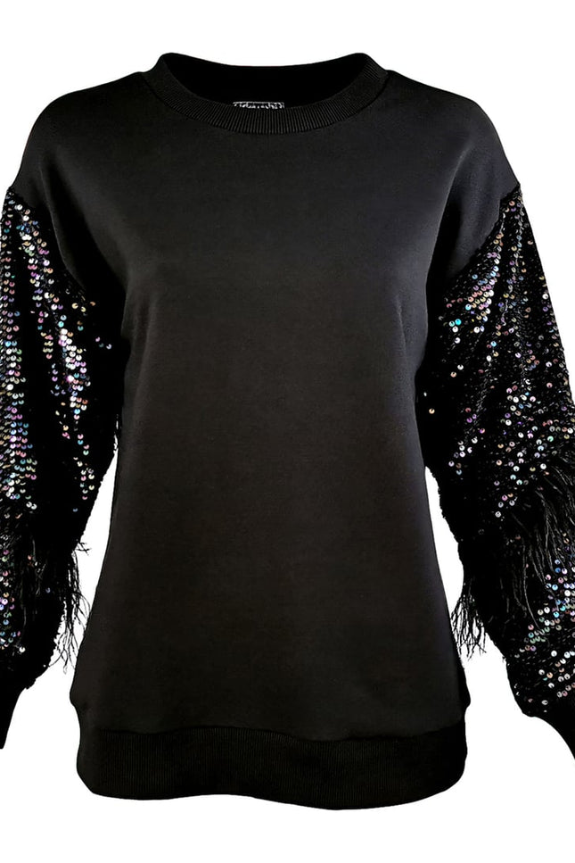 Lalipop Design | Shimmering Sequin Sleeve Sweatshirt with Black Faux Feathers