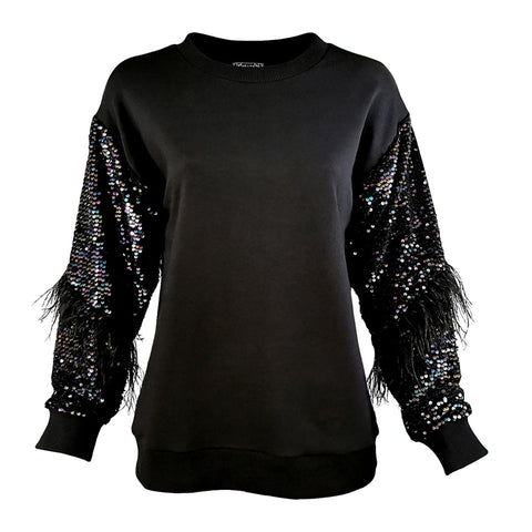 Lalipop Design | Shimmering Sequin Sleeve Sweatshirt with Black Faux Feathers
