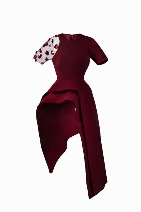 Anitabel | LEANNA STRUCTURED TOP WITH SHEER SLEEVE IN WINE RED