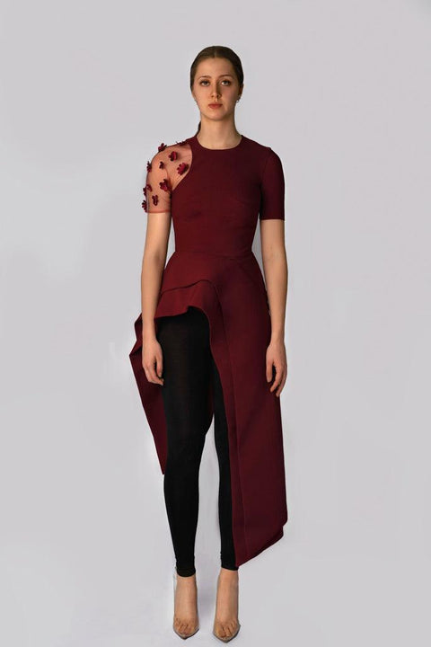 Anitabel | LEANNA STRUCTURED TOP WITH SHEER SLEEVE IN WINE RED
