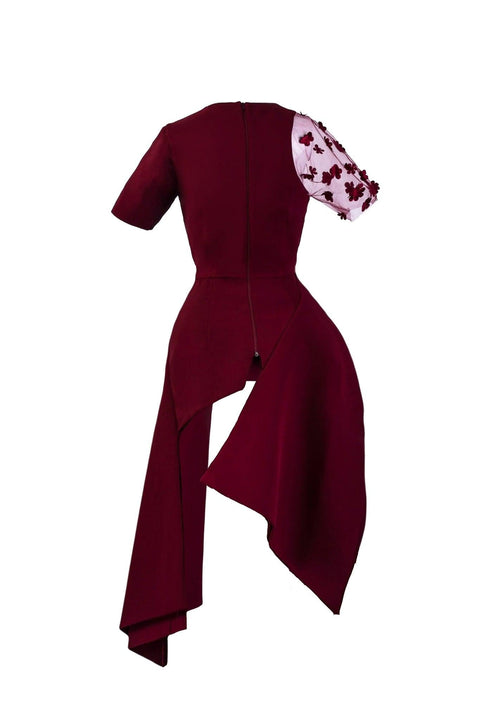 Anitabel | LEANNA STRUCTURED TOP WITH SHEER SLEEVE IN WINE RED